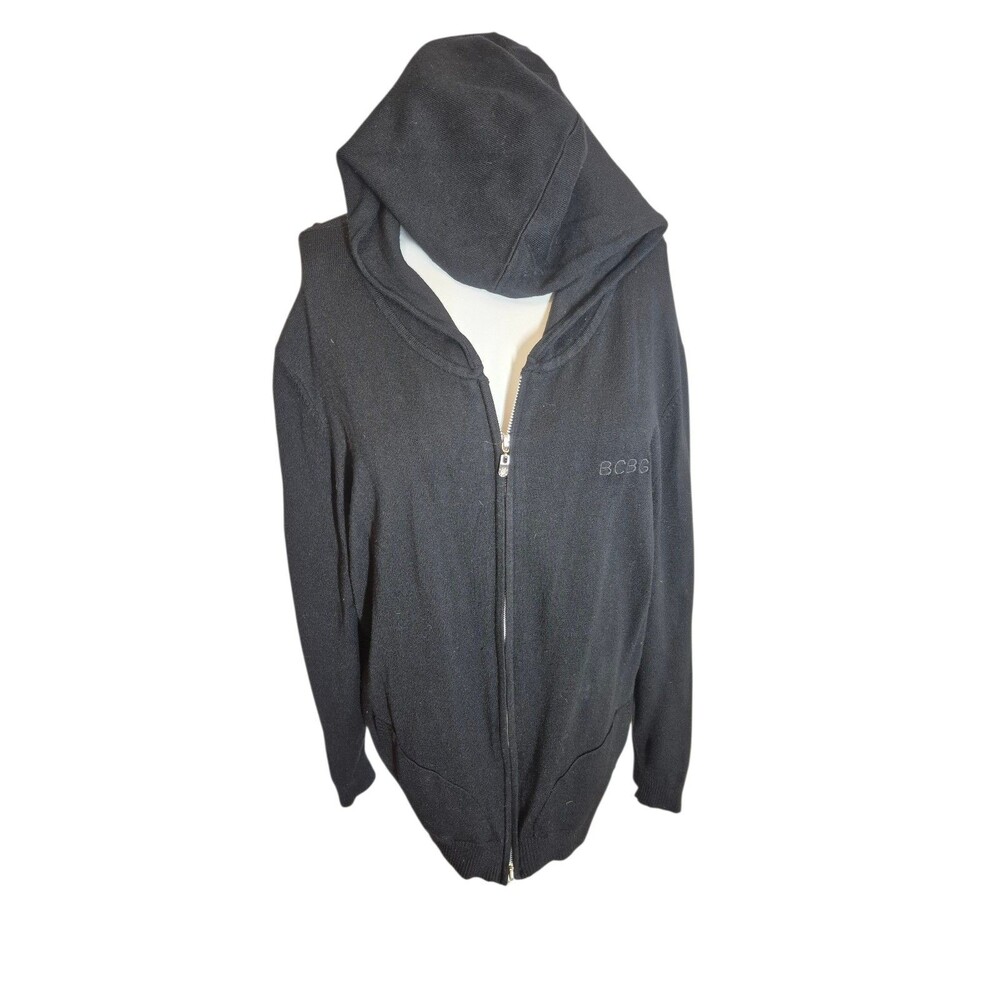 BCBGMaxAzria Knit Hoodie Sweater Jacket w/ Hood Double Zip Cardigan Black Sz 3X